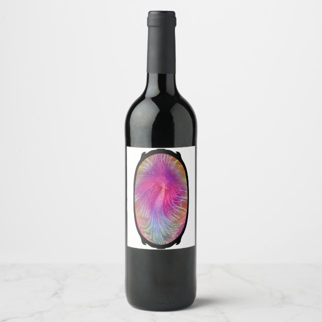 Oval Rainbow Swirl Tree in Black Frame Wine Label (Front)