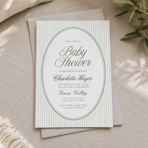 Oval Sage Green Striped Baby Shower Invitation