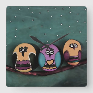 Oval Shaped Owls Against NightSky Primitive Art Square Wall Clock