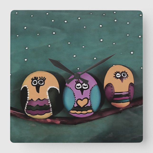 Oval Shaped Owls Against NightSky Primitive Art Square Wall Clock (Front)