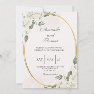 Oval shaped with white flower wedding Invitation