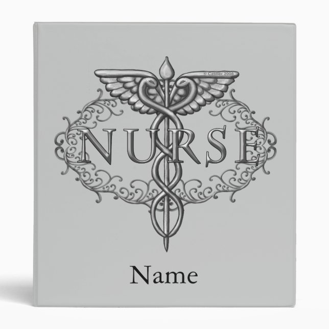 Oval silver caduceus nurse binder (Front)