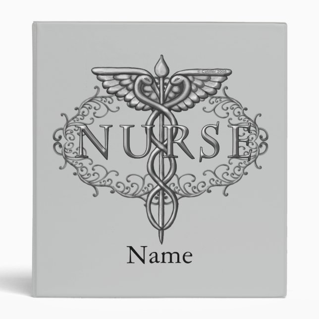 Oval silver caduceus nurse binder (Front)