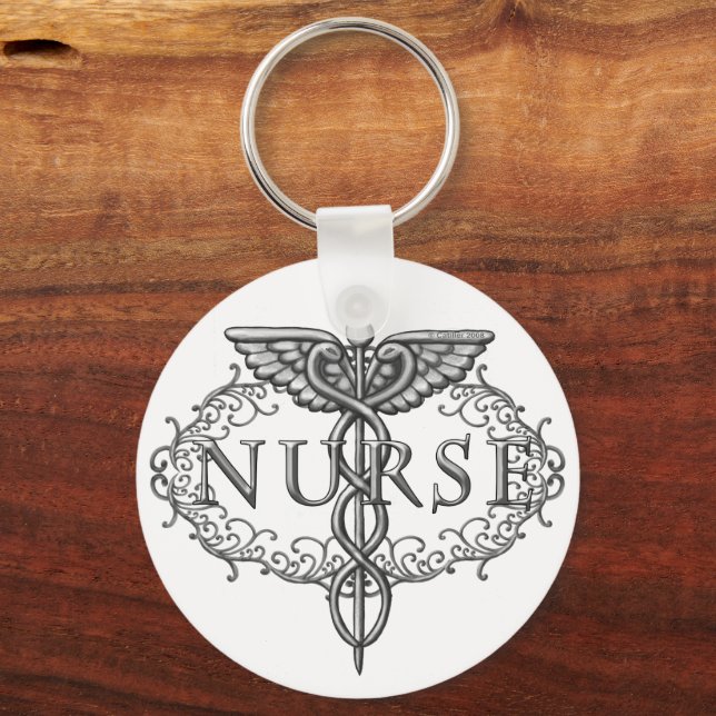 Oval silver caduceus nurse keychain (Front)