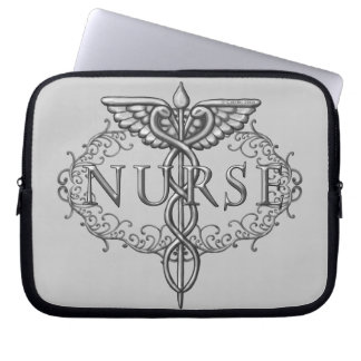 Oval silver caduceus nurse laptop sleeve