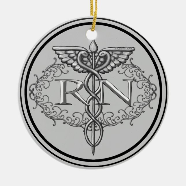 Oval Silver Caduceus RN Nurse Ceramic Ornament (Front)