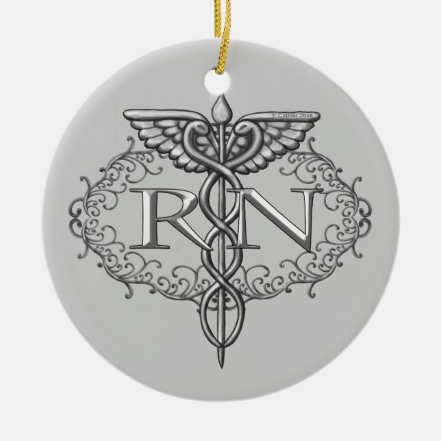Oval Silver Caduceus RN Nurse Ceramic Ornament (Front)
