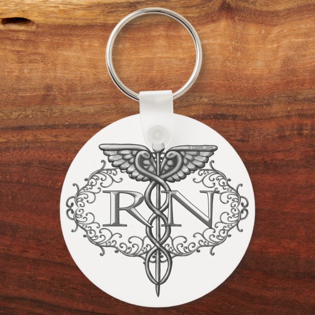 Oval Silver Caduceus RN Nurse Keychain (Front)
