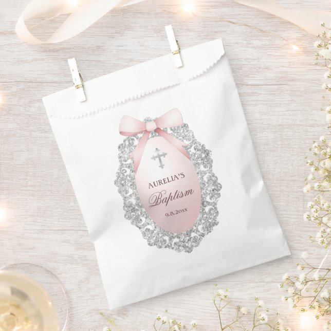 Oval Silver Glitter Frame Pink Bow Baptism Favour Bag (Clipped)