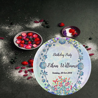 Oval Soft Blue Pastel Purple Hydrangea Birthday  Paper Plate
