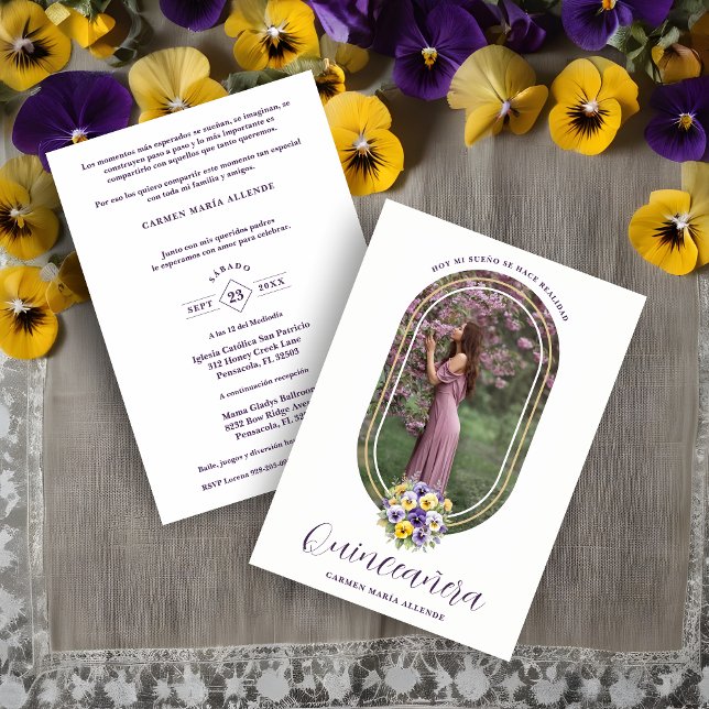 Oval Spanish Chic Floral Bouquet Photo Quinceañera Invitation (Oval Spanish Chic Pansies Floral Bouquet Quinceañera Invitation Card with Envelope. )