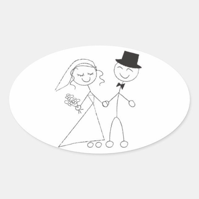 Oval Wedding Favour Seals Cute Bride & Groom (Front)