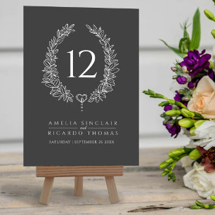 Oval wreath leaf charcoal grey white wedding table number
