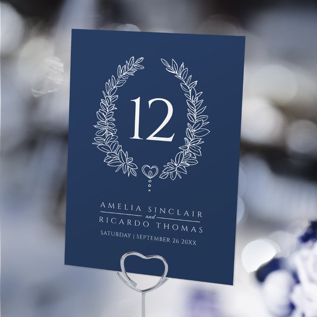 Oval wreath leaf dark blue and white wedding table number (Creator Uploaded)