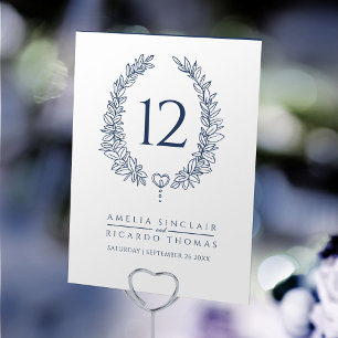 Oval wreath leaf dark blue on white wedding table number