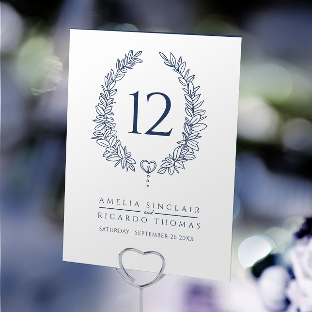 Oval wreath leaf dark blue on white wedding table number (Creator Uploaded)