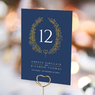 Oval wreath leaf gold white dark blue wedding table number