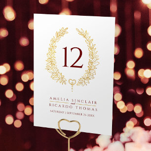 Oval wreath leaf gold white dark red text wedding table number