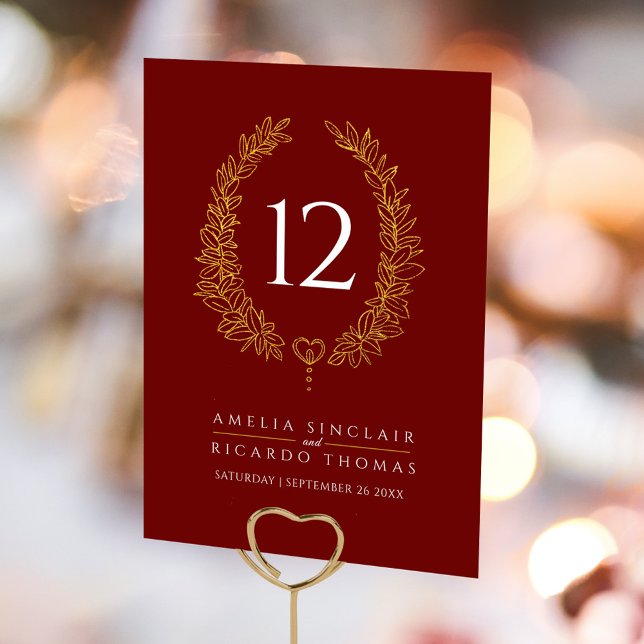 Oval wreath leaf gold white dark red wedding table number (Creator Uploaded)
