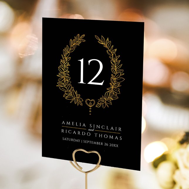 Oval wreath leaf gold white on black wedding table number (Creator Uploaded)