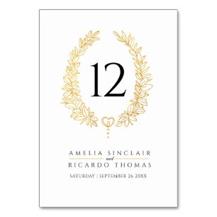Oval wreath leaf in gold on white wedding table number