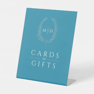 Oval wreath teal silver wedding cards and gifts pedestal sign