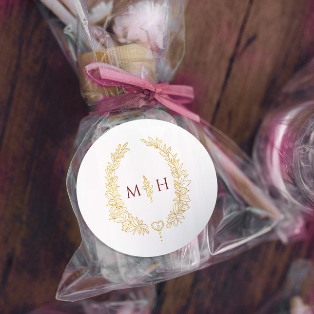 Oval wreath wedding monogram gold dark red white classic round sticker (Creator Uploaded)