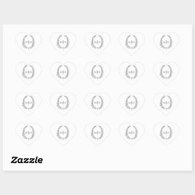 Oval wreath wedding monogram grey white heart sticker (Sheet)