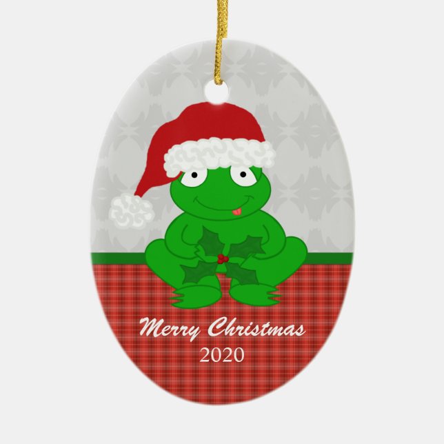 Ovale En Céramique Ornement personnalisé de grenouille de Noël (Devant)
