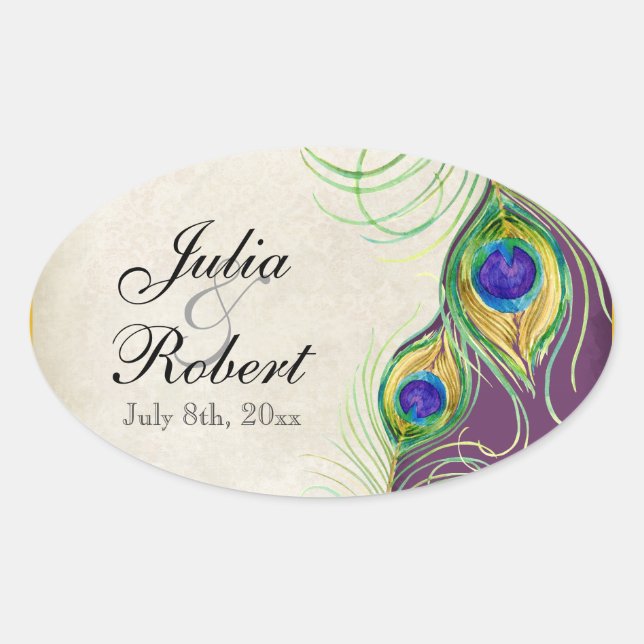 Ovale Favoriser Sticker Cadeau - Peacock Feathers Mariag (Devant)