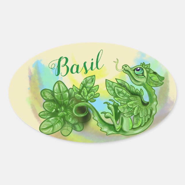 Ovale lil' Dragon herb sticker étiquettes~Basil (Devant)