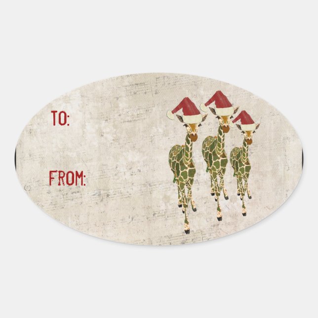 Ovale Sticker cadeau de Giraffes d'or Festive (Devant)