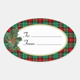 Ovale Sticker cadeau Holly Red Green Holiday Plaid perso