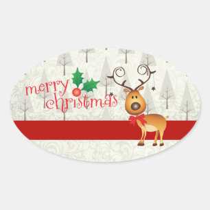 Ovale Sticker de Noël Reindeer et Père Noël