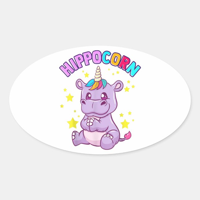Ovale Sticker Hippo Lucky - Idée cadeau mignonne (Devant)