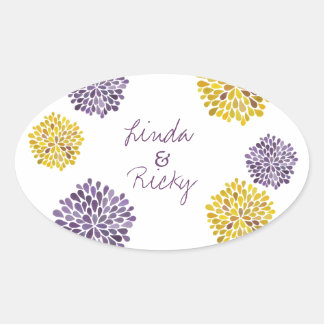 Ovale Sticker Mariage à fleurs violettes et jaunes