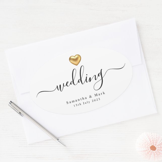Ovale Sticker Oval Mariage simple et moderne Gold Heart (Enveloppe)