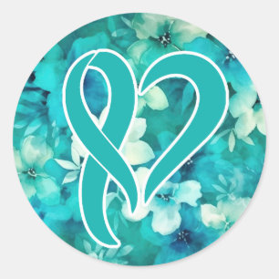 Ovarian Cancer Awareness Heart Shaped Ribbon Classic Round Sticker