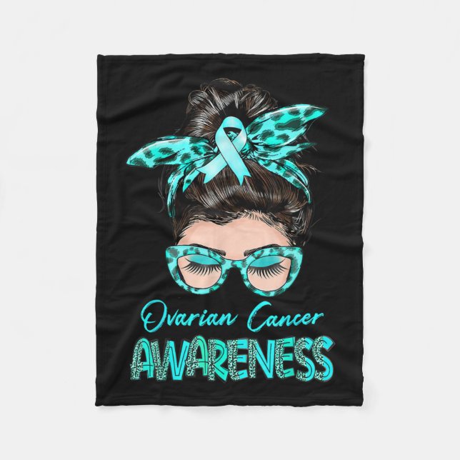 Ovarian Cancer Awareness Messy Bun Teal Ribbon  Fleece Blanket (Front)