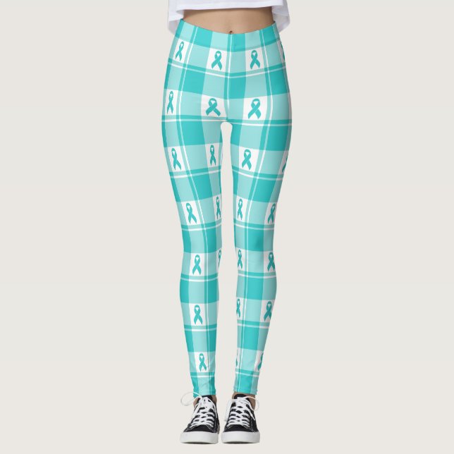 Ovarian Cancer Awareness Plaid Teal Ribbon Leggings (Front)