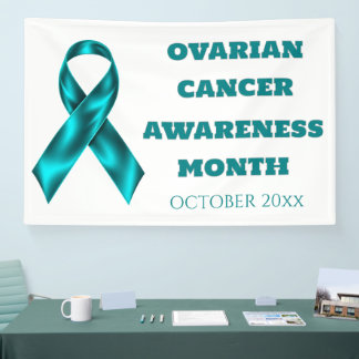 Ovarian Cancer Awareness teal on white ribbon Banner