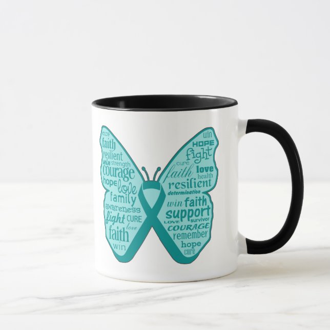 Ovarian Cancer Butterfly Collage of Words Mug (Right)