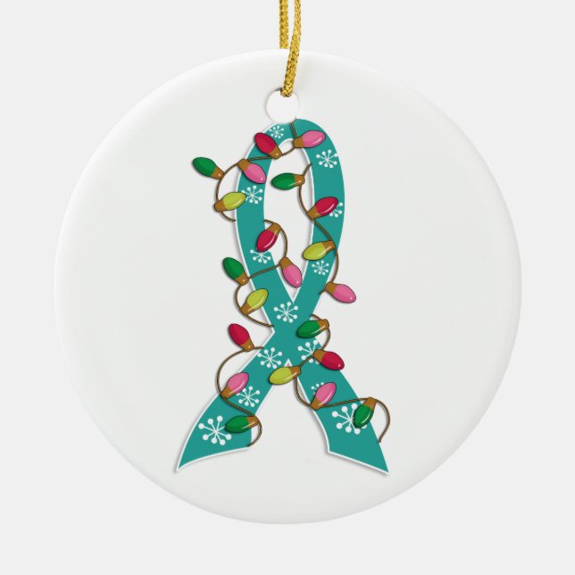 Ovarian Cancer Christmas Lights Ribbon Ceramic Ornament (Front)