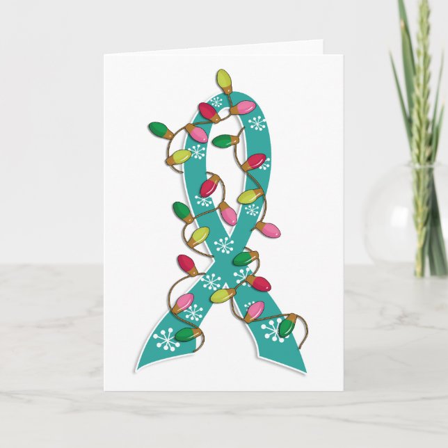 Ovarian Cancer Christmas Lights Ribbon Holiday Card (Front)