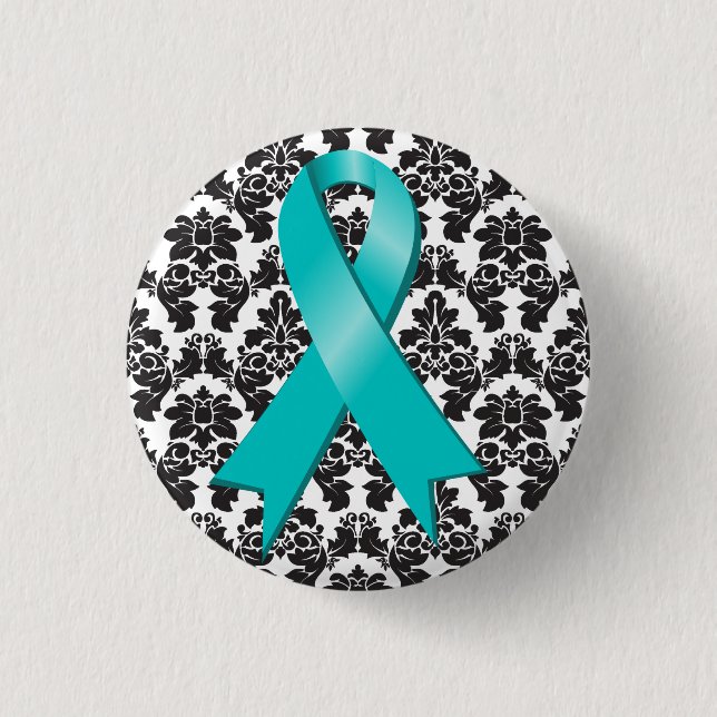 Ovarian Cancer Damask Teal Ribbon 1 Inch Round Button (Front)