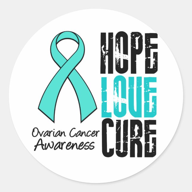 Ovarian Cancer Hope Love Cure Ribbon Classic Round Sticker (Front)