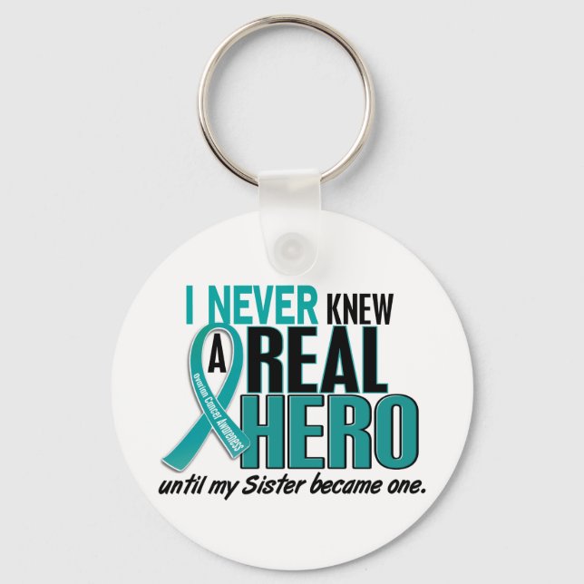 Ovarian Cancer NEVER KNEW A HERO 2 Sister Keychain (Front)