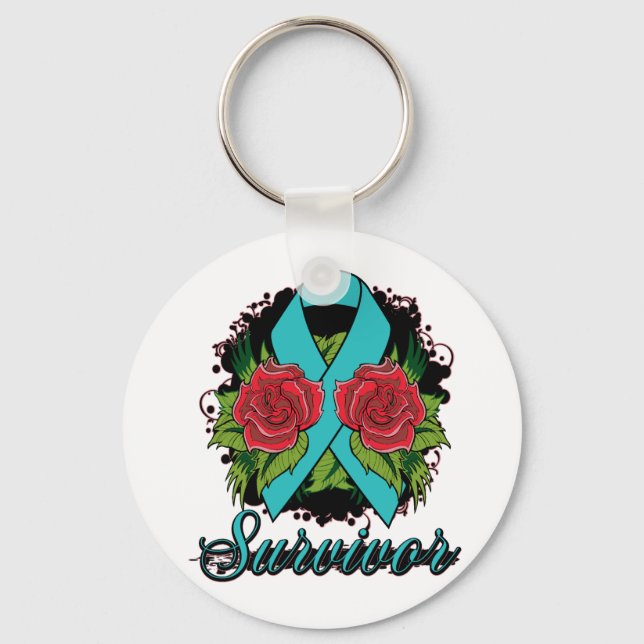Ovarian Cancer Survivor Rose Tattoo Keychain (Front)