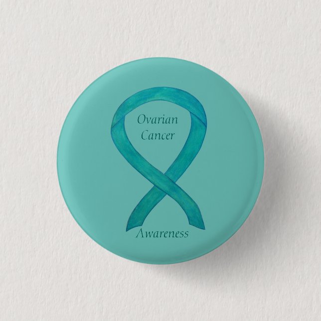 Ovarian Cancer Teal Awareness Ribbon Custom Pin (Front)