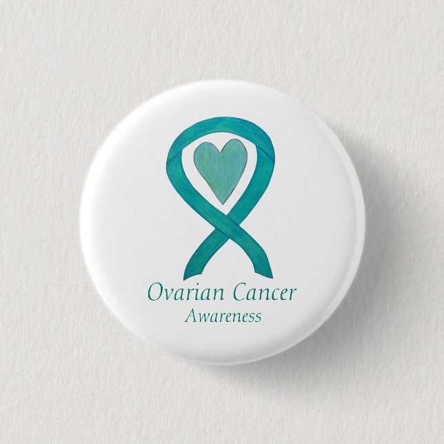Ovarian Cancer Teal Awareness Ribbon Heart Buttons (Front)